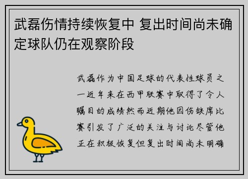 武磊伤情持续恢复中 复出时间尚未确定球队仍在观察阶段