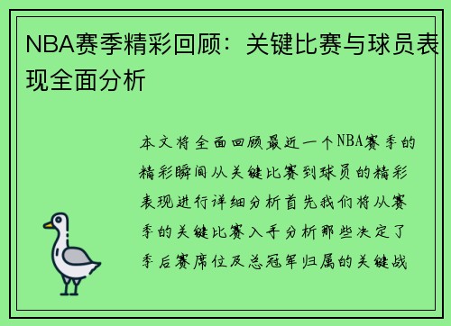 NBA赛季精彩回顾:关键比赛与球员表现全面分析