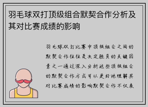 羽毛球双打顶级组合默契合作分析及其对比赛成绩的影响